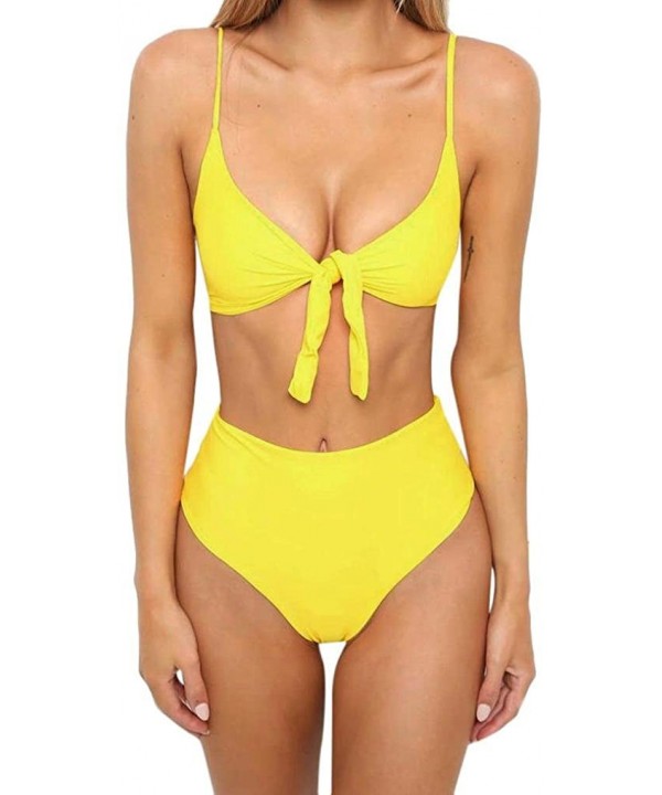 Womens Tie Knot Front High Waist Bathing Suit Swimwear Bikini Set - Yellow - C11809G2AEU $13.00-Sets