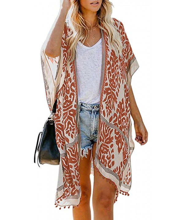 Women's Swimsuit Cover Ups Printed Kimono Cardigans Tassel Casual Loose Beachwear - Orange - C0198H2NXQI $39.30-Cover-Ups