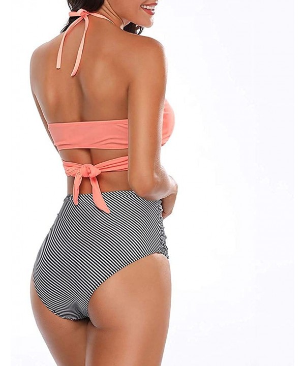 Women Swimsuit Halter Bandage Wrap Bikini Set Push-Up Ruched High Waist Swimwear - Pink Striped - CA1952MGGW8 $17.34-Bottoms