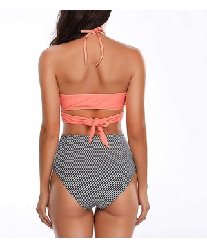 Women Swimsuit Halter Bandage Wrap Bikini Set Push-Up Ruched High Waist Swimwear - Pink Striped - CA1952MGGW8 $17.34-Bottoms