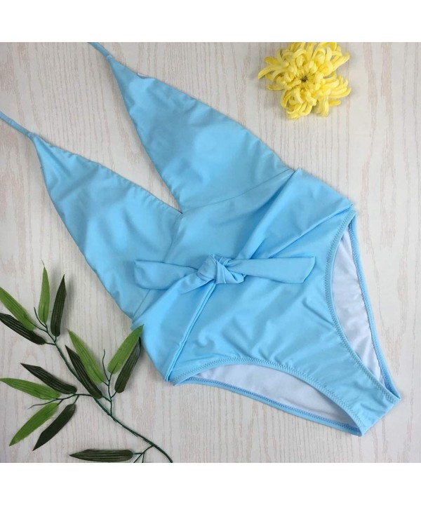 Women Solid Color Bikini One Piece Push-up Padded Bra Swimsuit Swimwear Bathing Beachwear - Sky Blue - CJ196IH69KS $18.82-One...