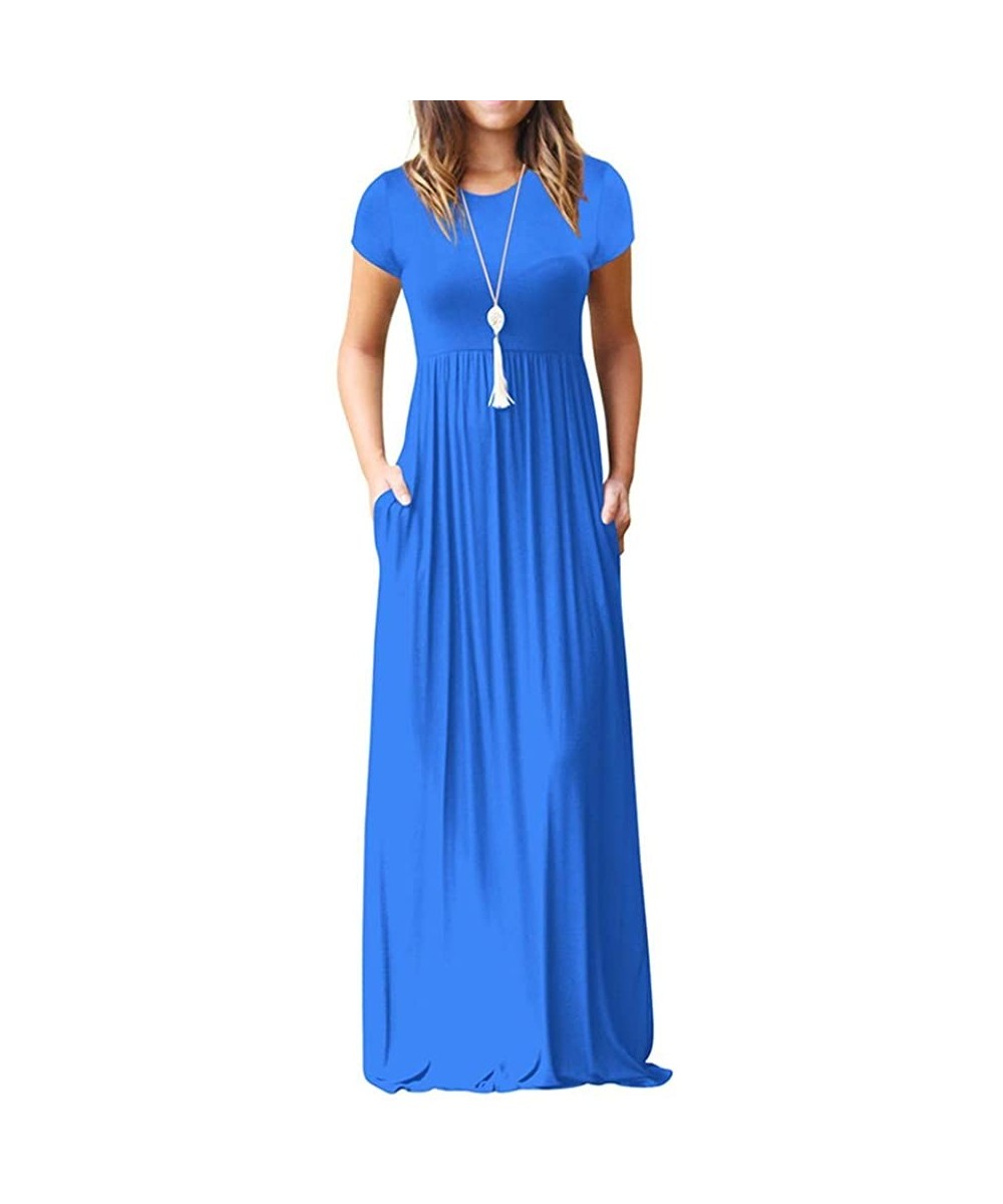 Vestido Women's O-Neck Print T Shirt Maxi Tank Long Swing Dress - Blue L - CK18T8OEGZE $11.27-Cover-Ups