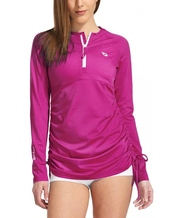 Women's Long Sleeve Half-Zip Sun Protection Rashguard Side Adjustable Swim Shirt - Fuchsia - CC1805Y96Z5 $28.97-Tankinis