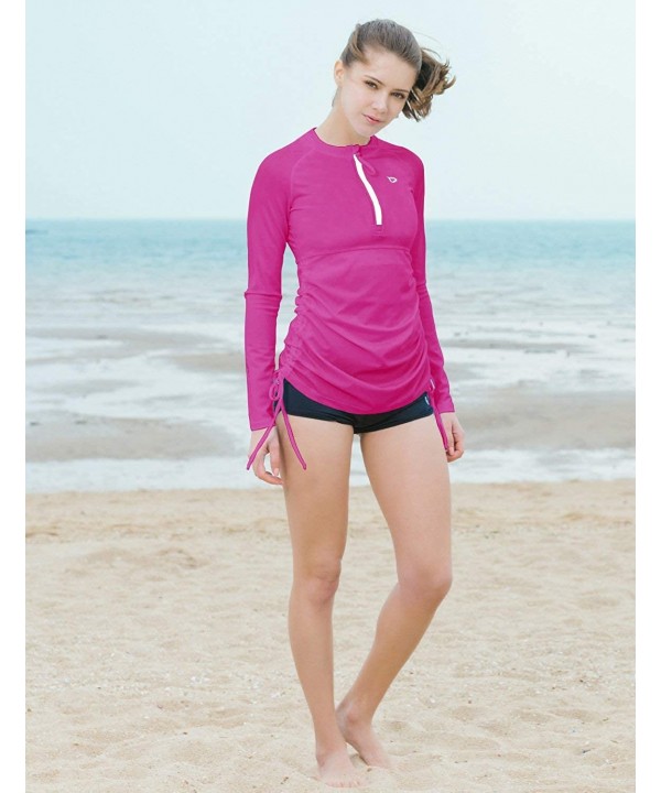 Women's Long Sleeve Half-Zip Sun Protection Rashguard Side Adjustable Swim Shirt - Fuchsia - CC1805Y96Z5 $28.97-Tankinis