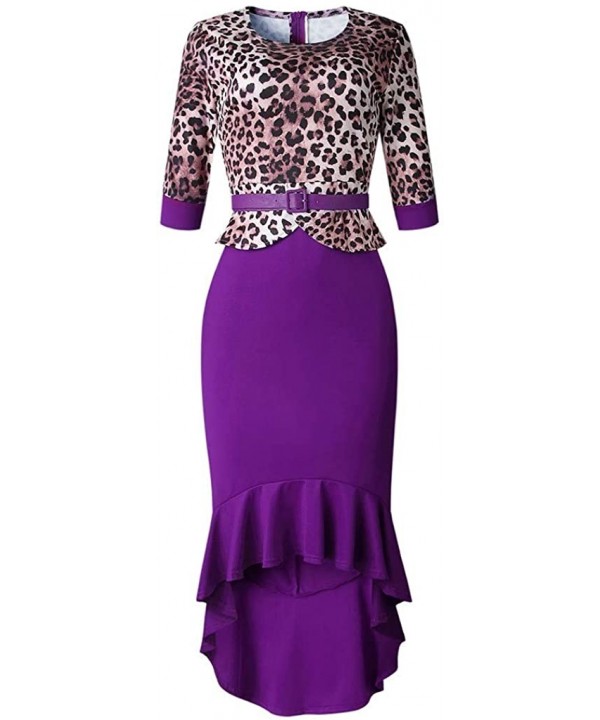 Leopard Print Dresses Women Tight Half Sleeve Ruffled Flounce Sexy Dress - Purple - C419459G4LY $19.35-Cover-Ups