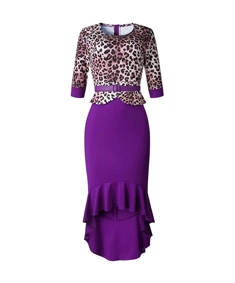 Leopard Print Dresses Women Tight Half Sleeve Ruffled Flounce Sexy Dress - Purple - C419459G4LY $19.35-Cover-Ups