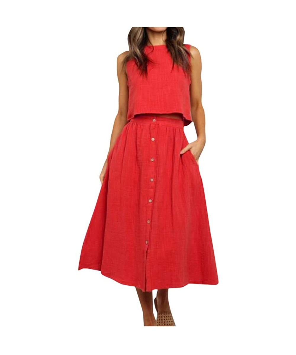 Women's 2 Piece Outfit Dress Sleeveless Crop Top with High Waisted Button Down Maxi Skirt Set - Red - C1194N5U97I $18.89-Cove...