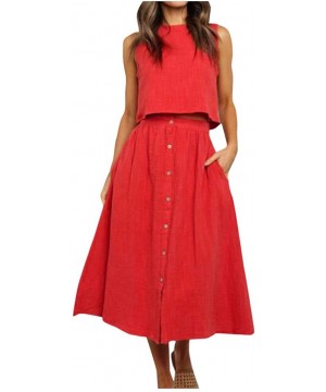 Women's 2 Piece Outfit Dress Sleeveless Crop Top with High Waisted Button Down Maxi Skirt Set - Red - C1194N5U97I $18.89-Cove...