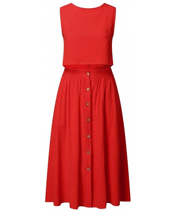 Women's 2 Piece Outfit Dress Sleeveless Crop Top with High Waisted Button Down Maxi Skirt Set - Red - C1194N5U97I $18.89-Cove...