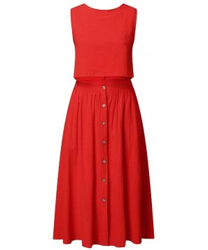 Women's 2 Piece Outfit Dress Sleeveless Crop Top with High Waisted Button Down Maxi Skirt Set - Red - C1194N5U97I $18.89-Cove...