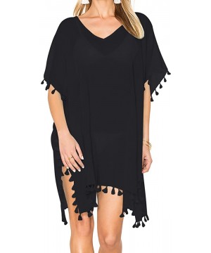 Ladies Women's Black Lightweight Chiffon Tassel Bikini Swimsuit Beach Cover up - C4189U6DM3C $9.76-Cover-Ups