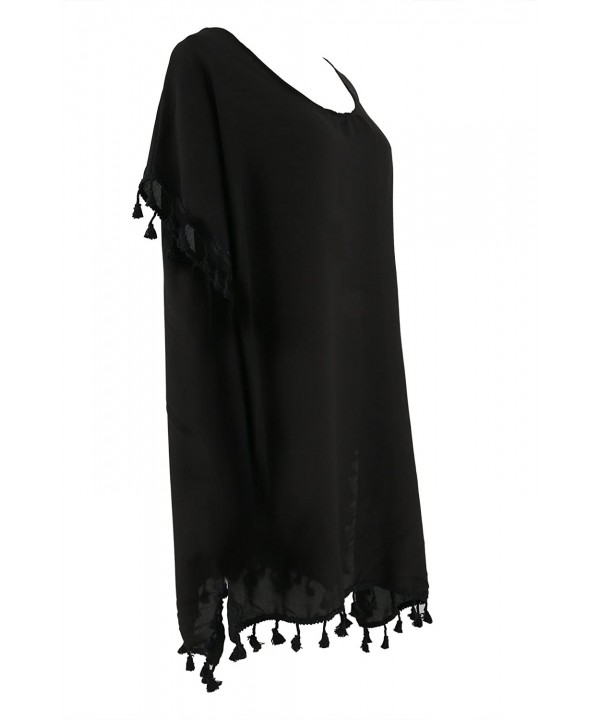 Ladies Women's Black Lightweight Chiffon Tassel Bikini Swimsuit Beach Cover up - C4189U6DM3C $9.76-Cover-Ups