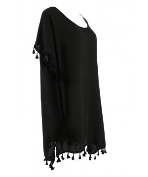 Ladies Women's Black Lightweight Chiffon Tassel Bikini Swimsuit Beach Cover up - C4189U6DM3C $9.76-Cover-Ups