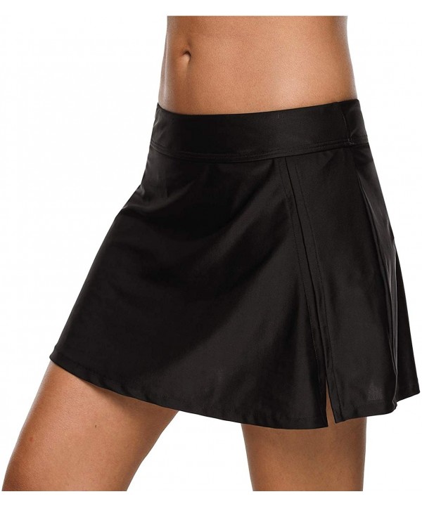 Women's Solid Swim Skirt Build-in Brief Tummy Control Tankini Bottoms - Black/Side Slit - CO18RGUCNDC $14.66-Bottoms