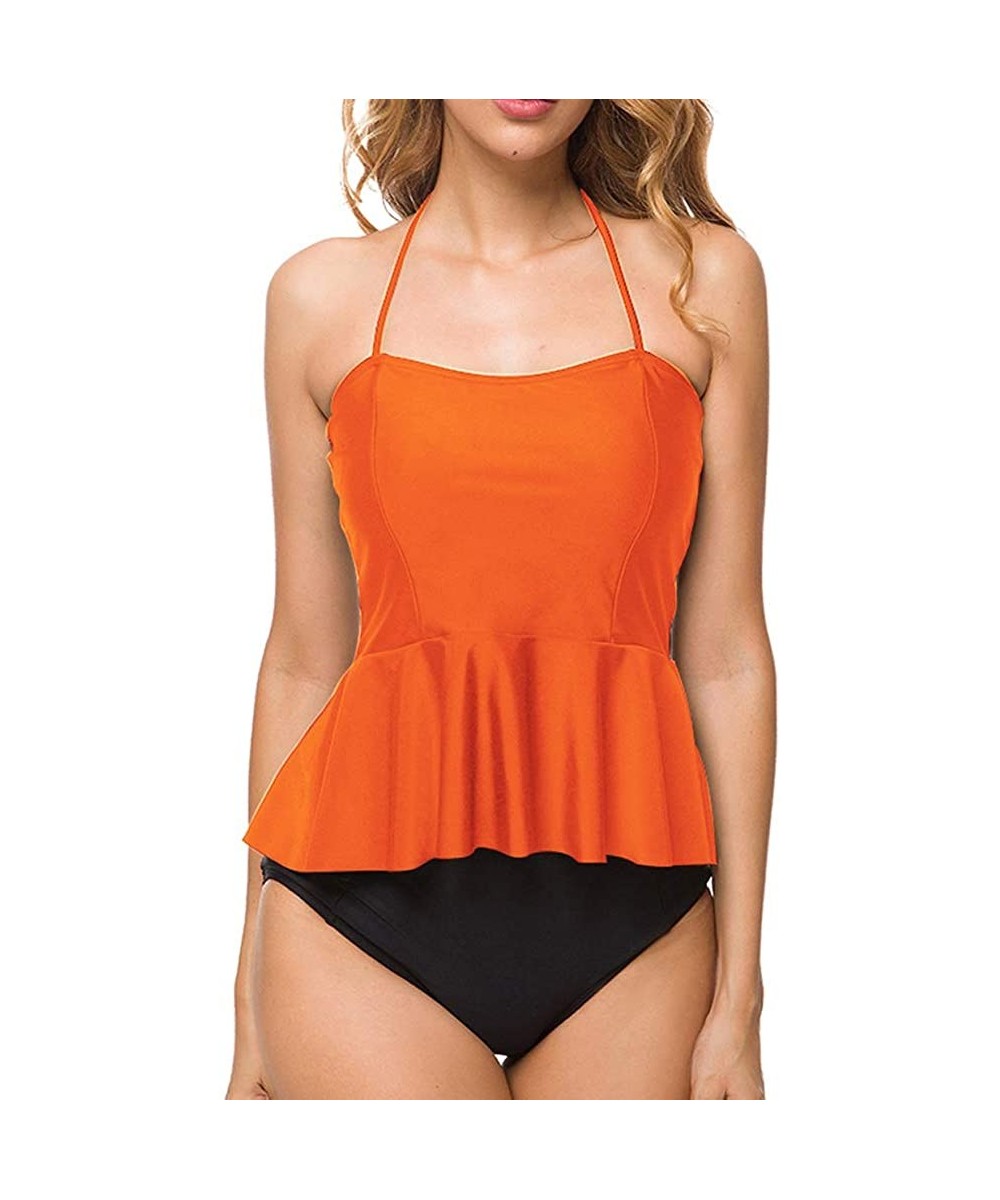 Women's High Waisted Two Pieces Bikini Peplum Halter Tankini Swimwear Bathing Suit - Orange - C018WG98C6R $20.56-Sets