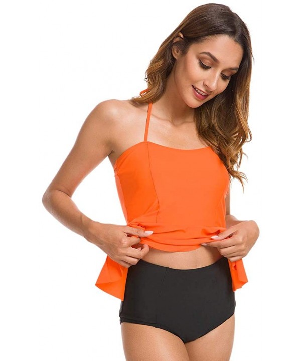 Women's High Waisted Two Pieces Bikini Peplum Halter Tankini Swimwear Bathing Suit - Orange - C018WG98C6R $20.56-Sets