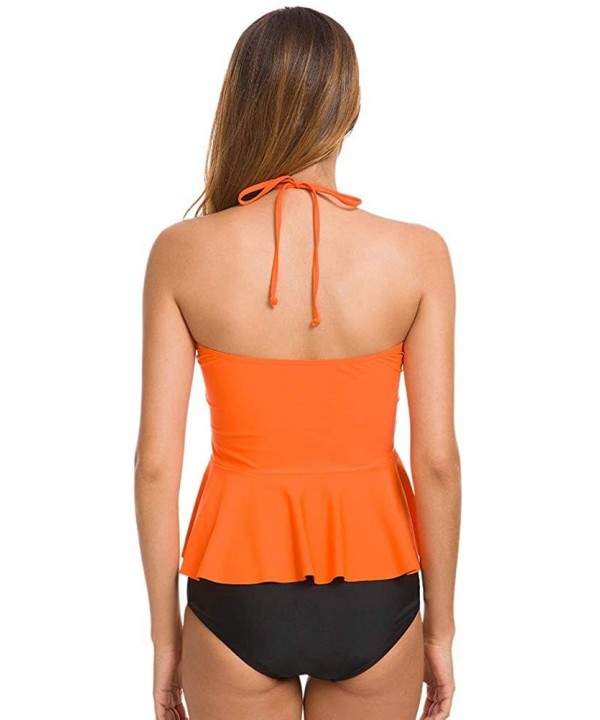 Women's High Waisted Two Pieces Bikini Peplum Halter Tankini Swimwear Bathing Suit - Orange - C018WG98C6R $20.56-Sets