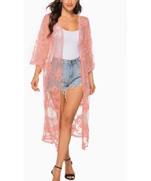 Women's Flowy Bathing Suit Kimono Cardigan Lace Crochet Swimwear Floral Cover Ups - E3-pink - CG18SQ9K7YX $19.10-Cover-Ups