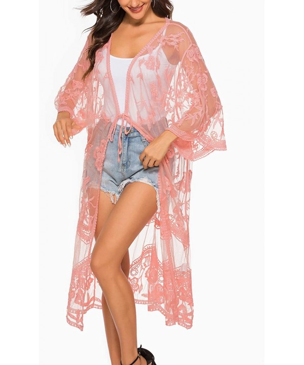 Women's Flowy Bathing Suit Kimono Cardigan Lace Crochet Swimwear Floral Cover Ups - E3-pink - CG18SQ9K7YX $19.10-Cover-Ups