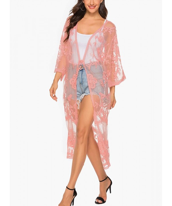 Women's Flowy Bathing Suit Kimono Cardigan Lace Crochet Swimwear Floral Cover Ups - E3-pink - CG18SQ9K7YX $19.10-Cover-Ups