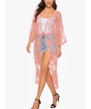 Women's Flowy Bathing Suit Kimono Cardigan Lace Crochet Swimwear Floral Cover Ups - E3-pink - CG18SQ9K7YX $19.10-Cover-Ups