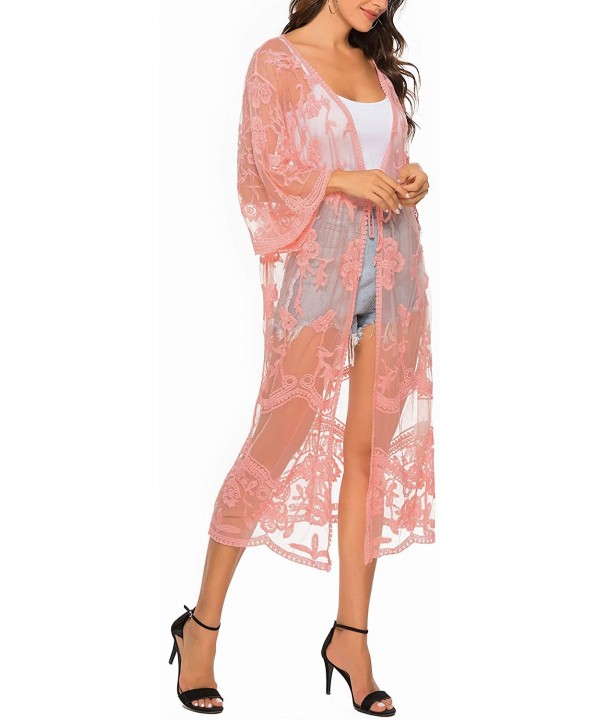 Women's Flowy Bathing Suit Kimono Cardigan Lace Crochet Swimwear Floral Cover Ups - E3-pink - CG18SQ9K7YX $19.10-Cover-Ups