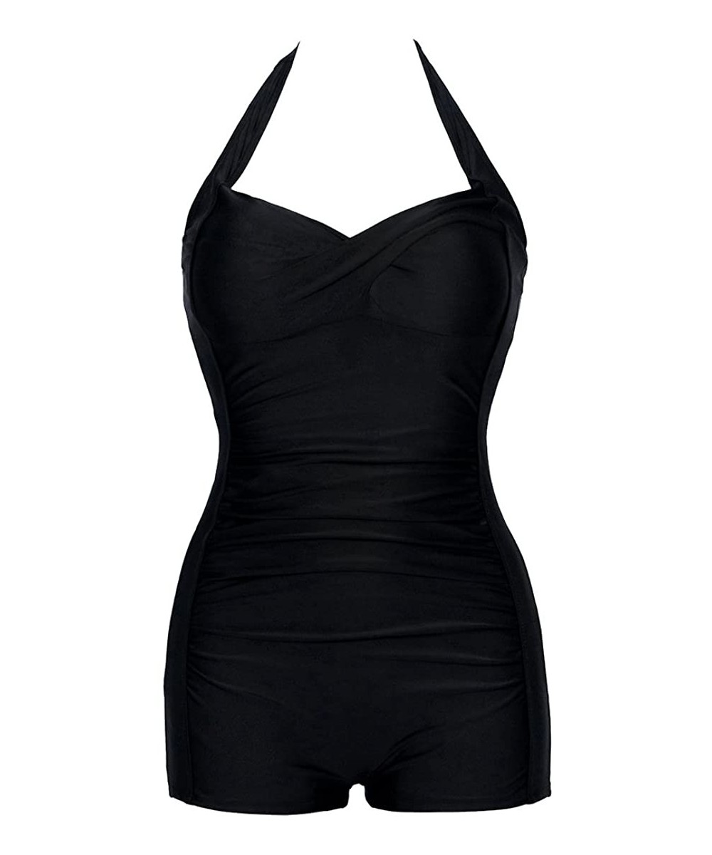 Women Vintage Ruched Boyshort Swimsuit One Piece Tummy Control Halter Bathing Suit - 2 Black - C818E7AW9SO $24.51-One-Pieces