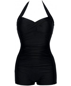 Women Vintage Ruched Boyshort Swimsuit One Piece Tummy Control Halter Bathing Suit - 2 Black - C818E7AW9SO $24.51-One-Pieces