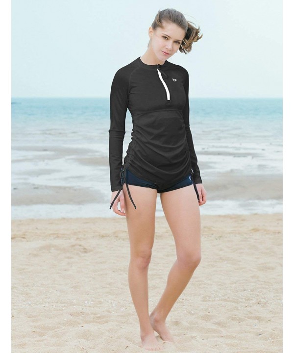 Women's Long Sleeve Half-Zip Sun Protection Rashguard Side Adjustable Swim Shirt - Black - CU12O6KHITN $20.26-Rash Guards