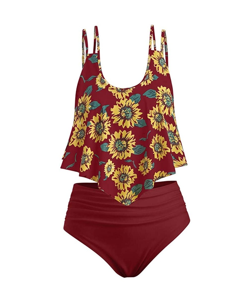 Women Dinosaur Print Ruched High Waist Two Piece Bikini Swimwear Bottom Flounce Swimsuit Bathing Suit Wine Red 8 - C818S95E34...