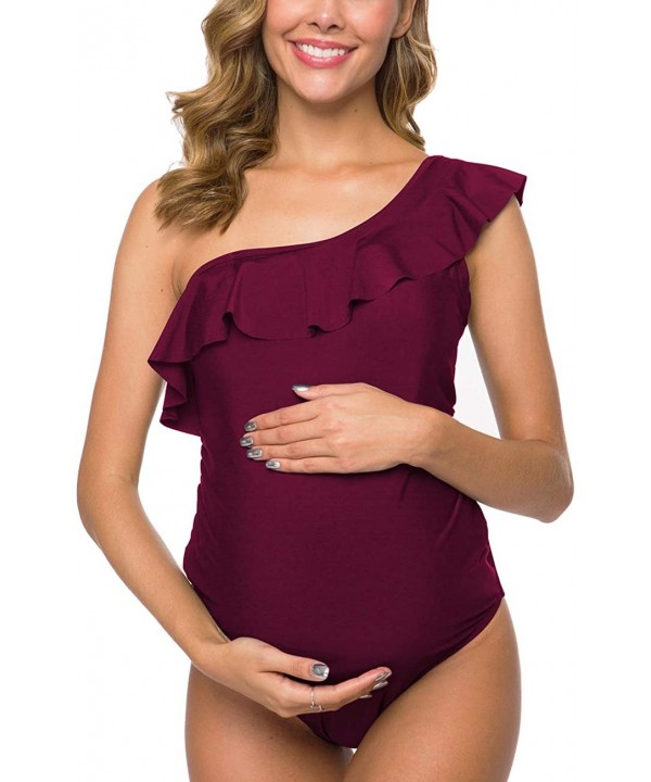 Women One Piece Maternity Swimsuits One Shoulder Swimwear Asymmetric Ruffle Flounce Monokini Bathing Suits Burgundy1 - CG18S5...