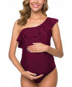 Women One Piece Maternity Swimsuits One Shoulder Swimwear Asymmetric Ruffle Flounce Monokini Bathing Suits Burgundy1 - CG18S5...