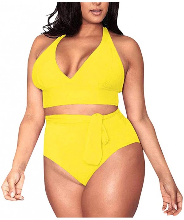 Womens Two Piece Swimsuits Plus Size Color Block Halter Bikini Set Padded Beach Bathing Suits - D-yellow - C51958LKMZN $13.79...