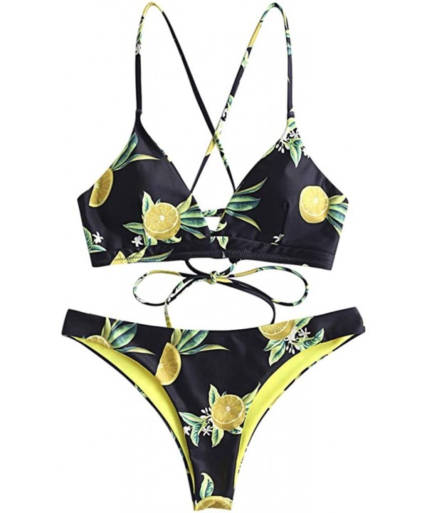 Women's Printed Swimsuits Plain V Neck Top Leaf Brief Two-Piece Bikini Set Beachwear Swimwear - Black - CJ194MOGNXM $14.17-Sets