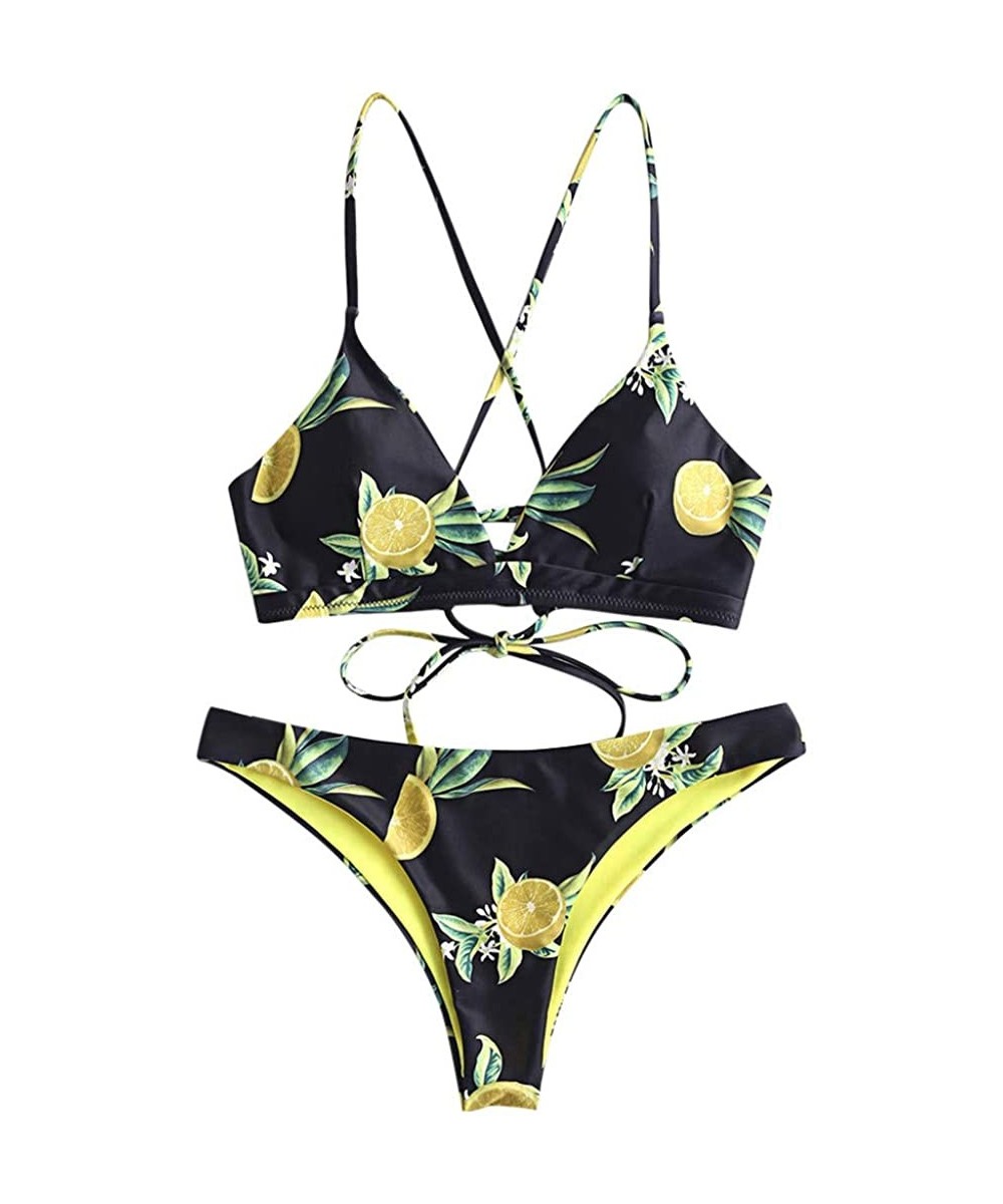 Women's Printed Swimsuits Plain V Neck Top Leaf Brief Two-Piece Bikini Set Beachwear Swimwear - Black - CJ194MOGNXM $14.17-Sets