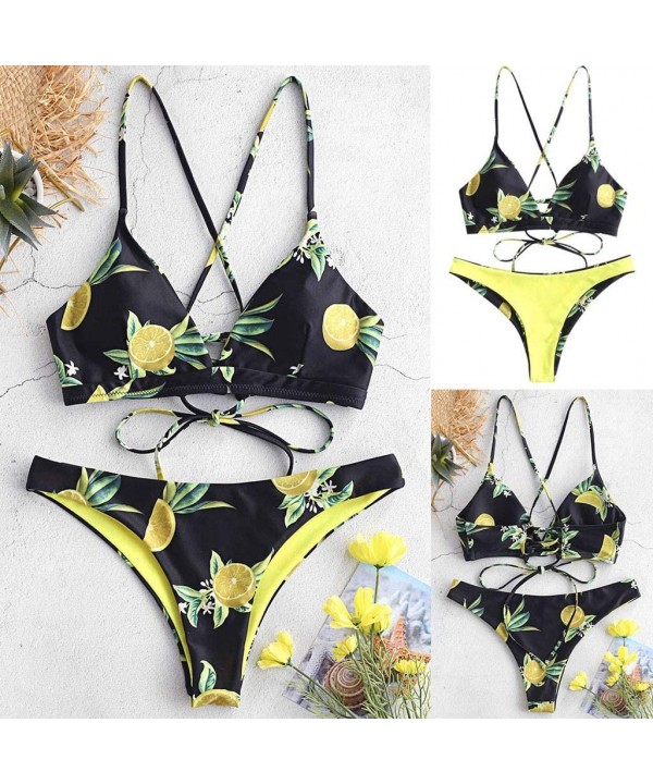 Women's Printed Swimsuits Plain V Neck Top Leaf Brief Two-Piece Bikini Set Beachwear Swimwear - Black - CJ194MOGNXM $14.17-Sets