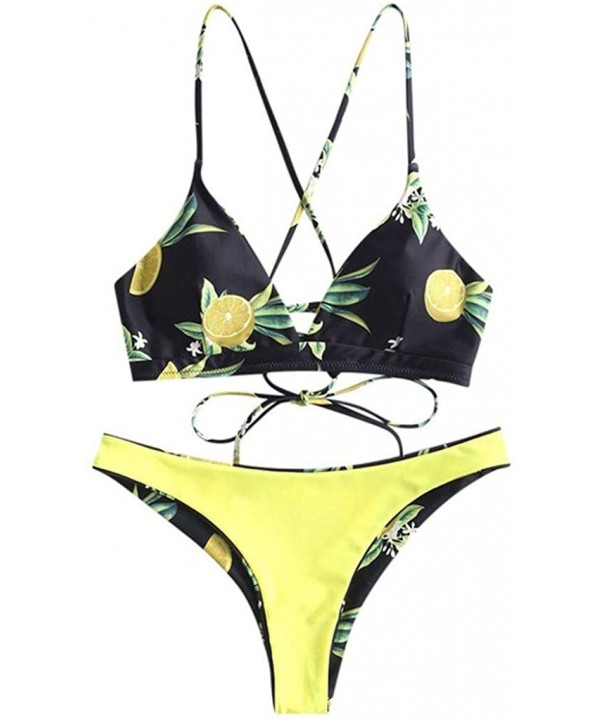 Women's Printed Swimsuits Plain V Neck Top Leaf Brief Two-Piece Bikini Set Beachwear Swimwear - Black - CJ194MOGNXM $14.17-Sets