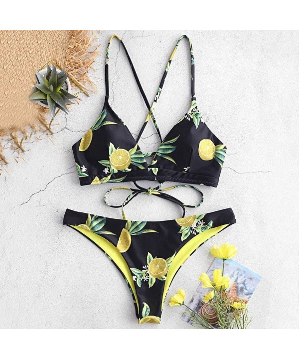 Women's Printed Swimsuits Plain V Neck Top Leaf Brief Two-Piece Bikini Set Beachwear Swimwear - Black - CJ194MOGNXM $14.17-Sets