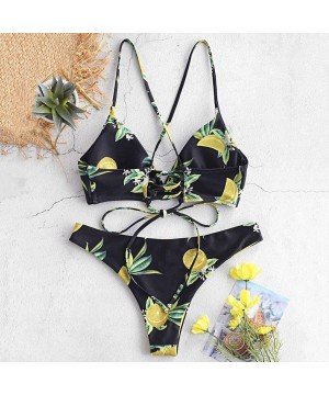 Women's Printed Swimsuits Plain V Neck Top Leaf Brief Two-Piece Bikini Set Beachwear Swimwear - Black - CJ194MOGNXM $14.17-Sets