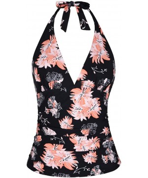 Women's Plunging V Neck Halter Swim Tops Shirred Tankini Top - Chrysanthemum - CZ18G4WTQKX $28.23-Tops