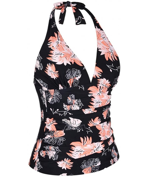 Women's Plunging V Neck Halter Swim Tops Shirred Tankini Top - Chrysanthemum - CZ18G4WTQKX $28.23-Tops