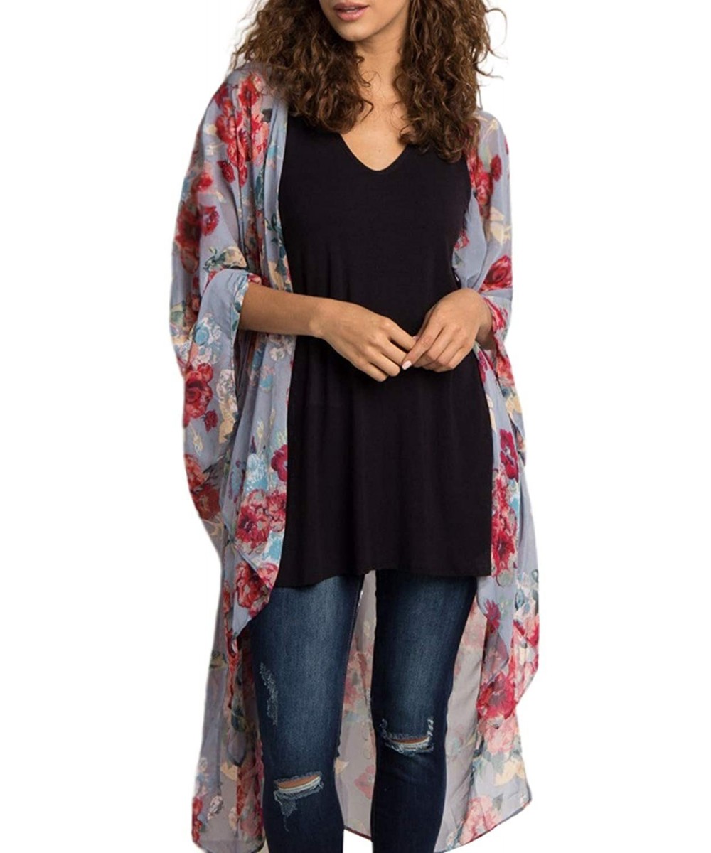 Women's Summer Long Flowy Kimono Cardigans Boho Chiffon Floral Beach Cover Up Tops - Blue Gray - CQ194IS2W53 $14.55-Cover-Ups