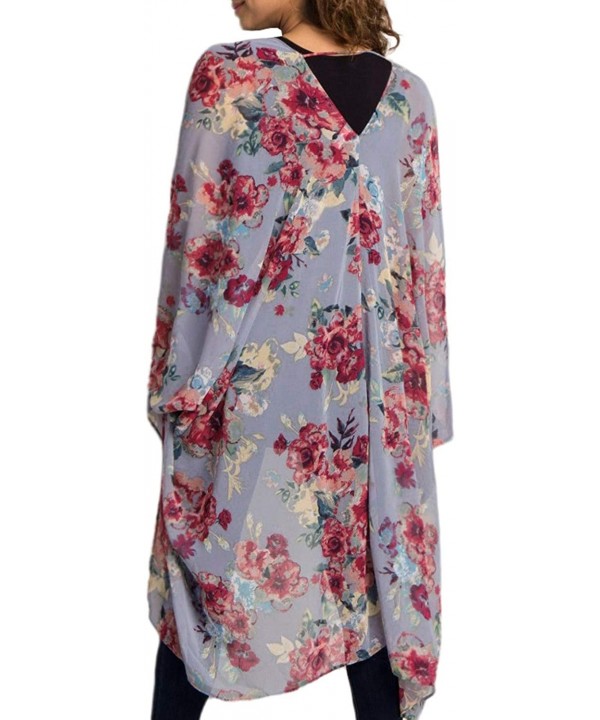 Women's Summer Long Flowy Kimono Cardigans Boho Chiffon Floral Beach Cover Up Tops - Blue Gray - CQ194IS2W53 $14.55-Cover-Ups