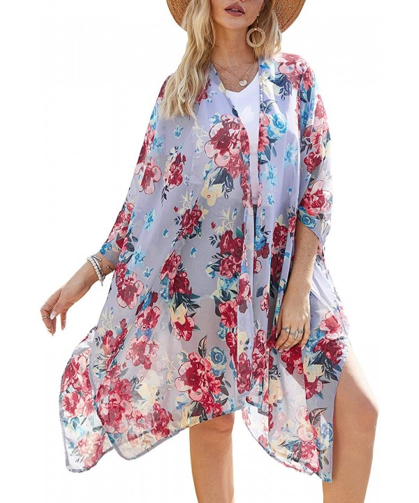 Women's Summer Long Flowy Kimono Cardigans Boho Chiffon Floral Beach Cover Up Tops - Blue Gray - CQ194IS2W53 $14.55-Cover-Ups