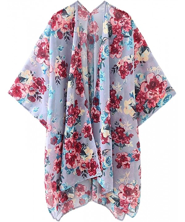 Women's Summer Long Flowy Kimono Cardigans Boho Chiffon Floral Beach Cover Up Tops - Blue Gray - CQ194IS2W53 $14.55-Cover-Ups