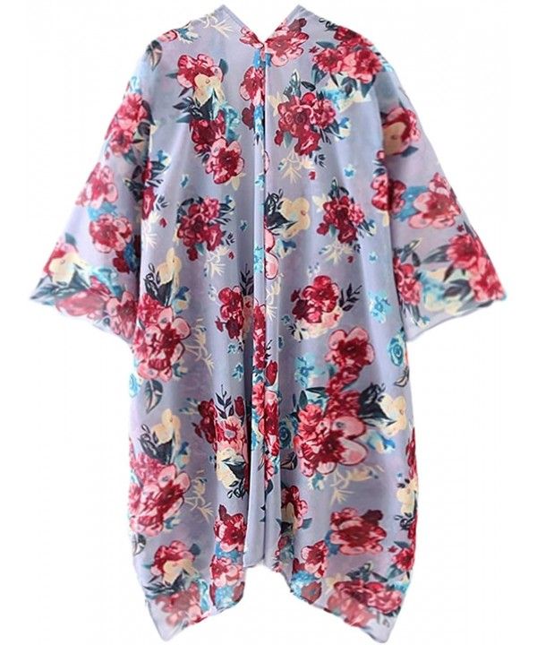 Women's Summer Long Flowy Kimono Cardigans Boho Chiffon Floral Beach Cover Up Tops - Blue Gray - CQ194IS2W53 $14.55-Cover-Ups