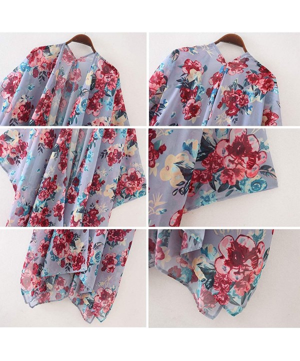 Women's Summer Long Flowy Kimono Cardigans Boho Chiffon Floral Beach Cover Up Tops - Blue Gray - CQ194IS2W53 $14.55-Cover-Ups