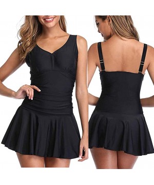 Women's Crossover Ruched Skirt One Piece Swimdress Swimsuit Bathing Suit - Black - CF194XL5C5Y $16.43-Cover-Ups