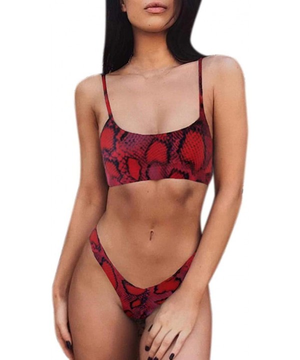 Women's Solid Scoop Neck Push up Padded Brazilian Thong Bikini Swimsuit-Leopard Series - Red - CK18Q283GGK $16.63-Sets