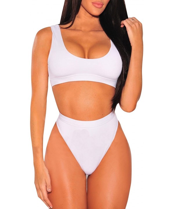 Womens Crop Top Scoop Neck High Waisted Bikini Sets Two Piece Swimsuits - White - CQ18DXMI8Q9 $21.05-Sets